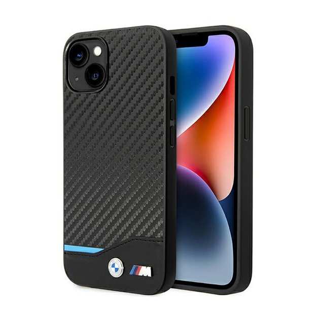 BMW odinis anglies pluošto mėlynos linijos dėklas, skirtas iPhone 14 (juodas)