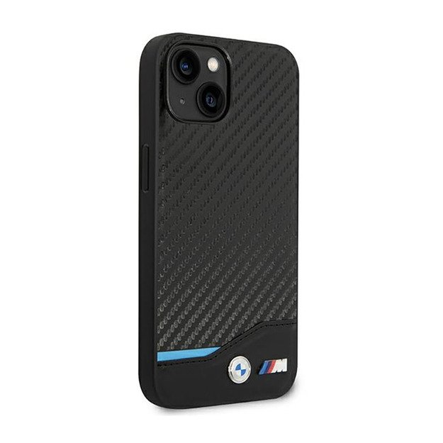 BMW odinis anglies pluošto mėlynos linijos dėklas, skirtas iPhone 14 (juodas)