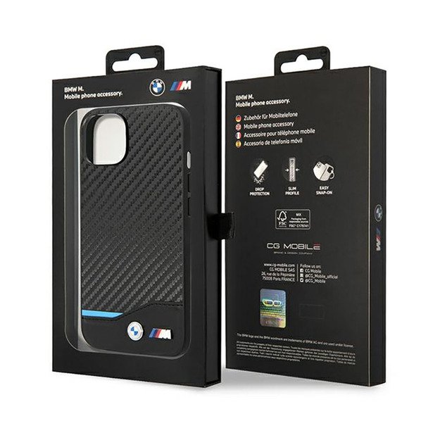 BMW odinis anglies pluošto mėlynos linijos dėklas, skirtas iPhone 14 (juodas)