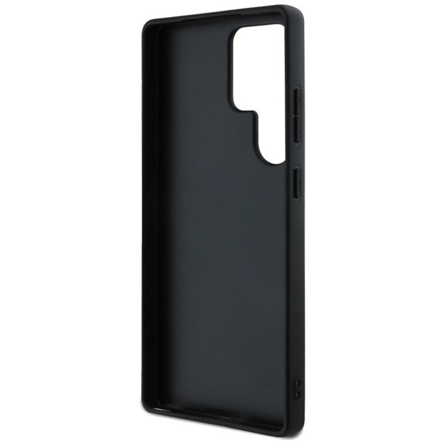 „Guess Hot Stamp 4G“ metalinis trikampio formos logotipo dėklas, skirtas „Samsung Galaxy S25 Ultra“ (juodas) 1