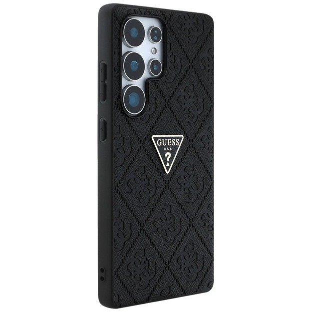 „Guess Hot Stamp 4G“ metalinis trikampio formos logotipo dėklas, skirtas „Samsung Galaxy S25 Ultra“ (juodas) 4