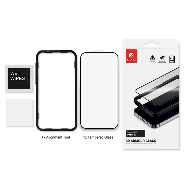 „Crong 3D Armour Glass“ – grūdintas stiklas iPhone 17 + montavimo rėmeliui 6