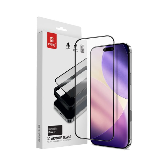 „Crong 3D Armour Glass“ – grūdintas stiklas iPhone 17 + montavimo rėmeliui