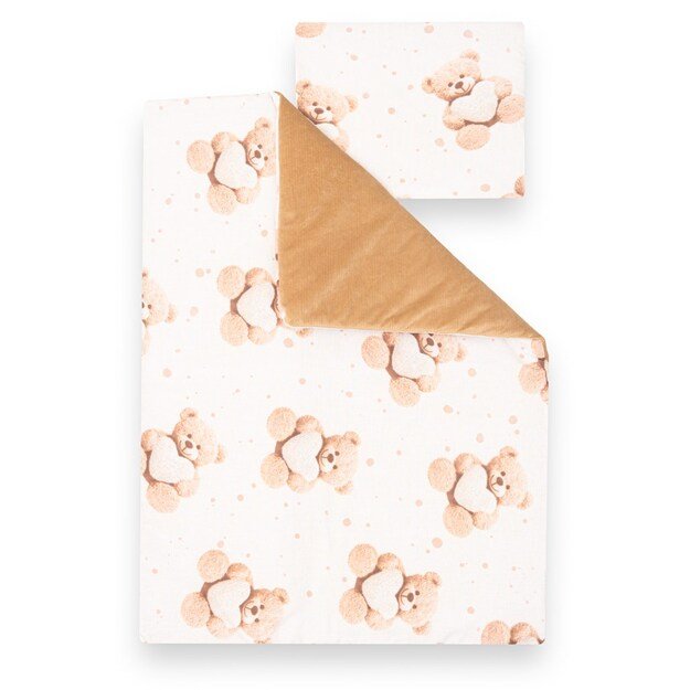 Dvipusis aksomo ir medvilnės komplektas vežimėliui „New Baby Love“ meškiukas, smėlio spalvos 1