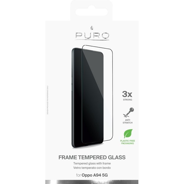 PURO rėmo grūdintas stiklas – Oppo A94 5G grūdintas stiklas, apsauginis stiklas (juodas rėmas) 6