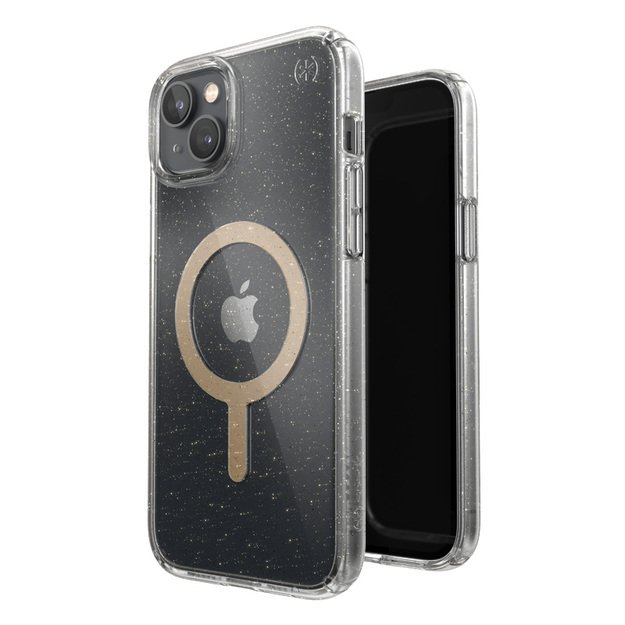 Speck Presidio Perfect-Clear su blizgučiais + MagSafe – iPhone 15 Plus / 14 Plus dėklas su MICROBAN danga (Clear / Gold Glitter)