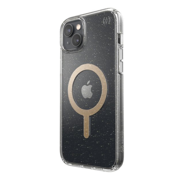 Speck Presidio Perfect-Clear su blizgučiais + MagSafe – iPhone 15 Plus / 14 Plus dėklas su MICROBAN danga (Clear / Gold Glitter) 3