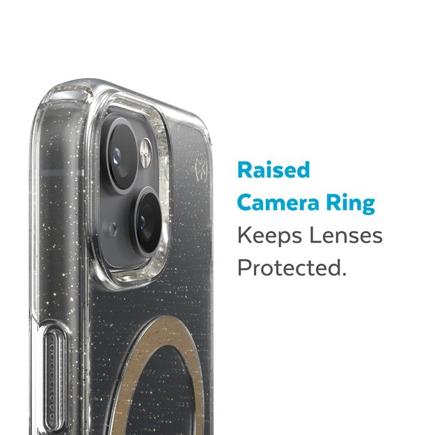 Speck Presidio Perfect-Clear su blizgučiais + MagSafe – iPhone 15 Plus / 14 Plus dėklas su MICROBAN danga (Clear / Gold Glitter) 8