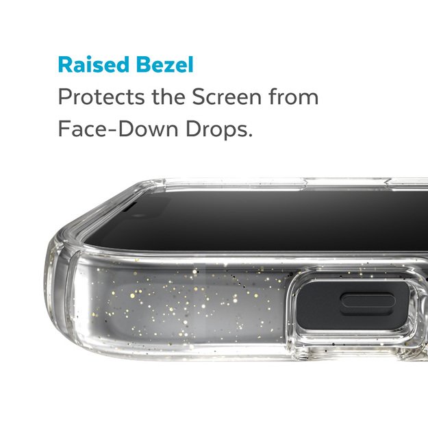 Speck Presidio Perfect-Clear su blizgučiais + MagSafe – iPhone 15 Plus / 14 Plus dėklas su MICROBAN danga (Clear / Gold Glitter) 7
