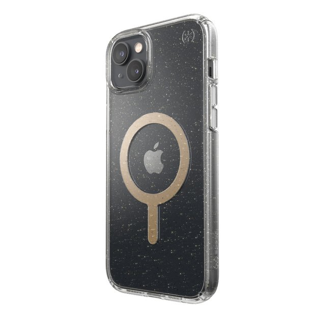 Speck Presidio Perfect-Clear su blizgučiais + MagSafe – iPhone 15 Plus / 14 Plus dėklas su MICROBAN danga (Clear / Gold Glitter)