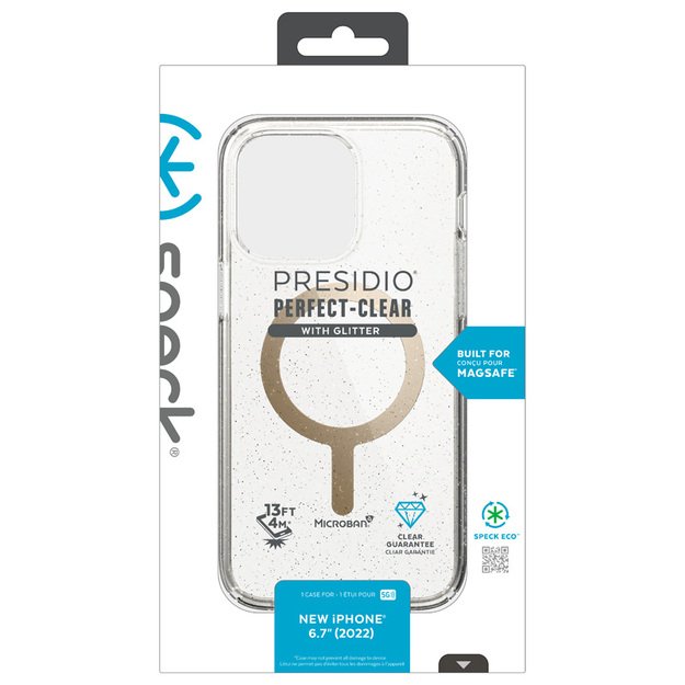 Speck Presidio Perfect-Clear su blizgučiais + MagSafe – iPhone 15 Plus / 14 Plus dėklas su MICROBAN danga (Clear / Gold Glitter)