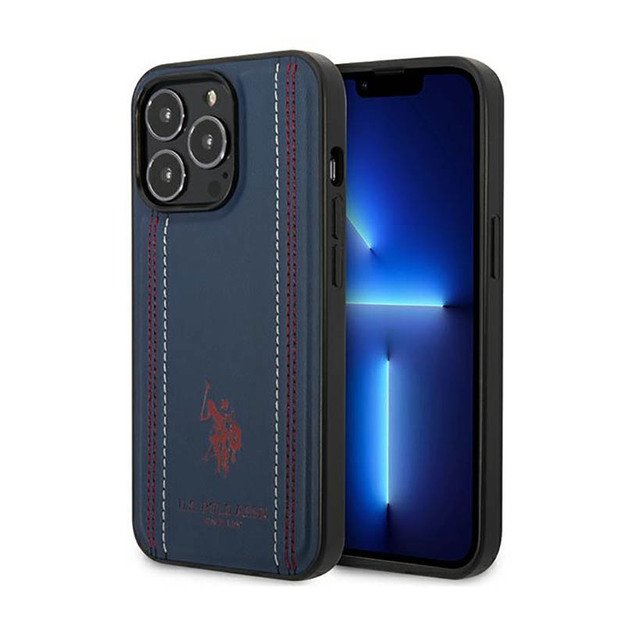 US Polo Assn Leather Stitch – dėklas, skirtas iPhone 14 Pro (tamsiai mėlynas)