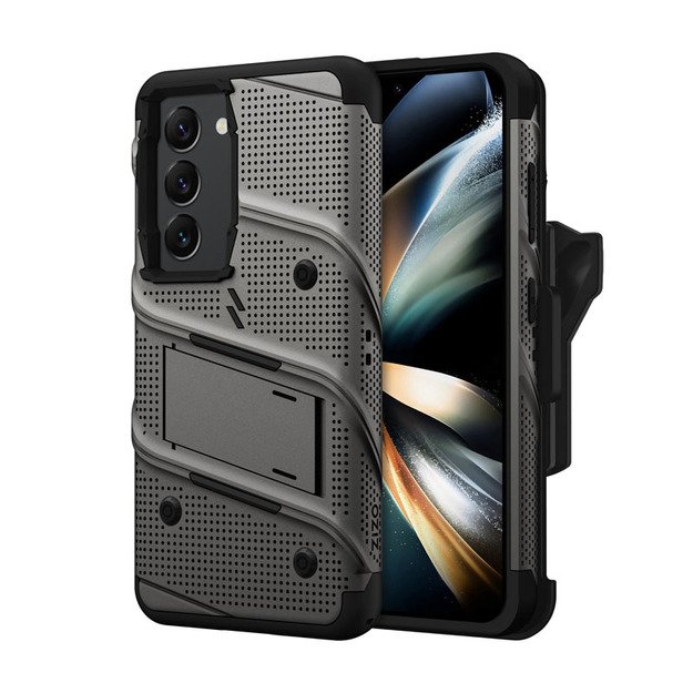 ZIZO BOLT serija - Šarvuotas Samsung Galaxy S23 dėklas su 9H stiklu ekranui + laikiklis su stovu (pilkas) 16