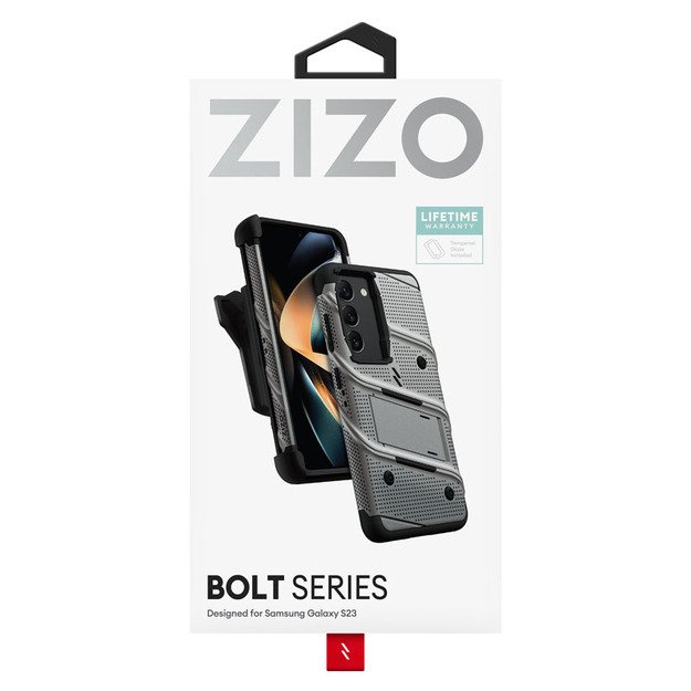 ZIZO BOLT serija - Šarvuotas Samsung Galaxy S23 dėklas su 9H stiklu ekranui + laikiklis su stovu (pilkas)