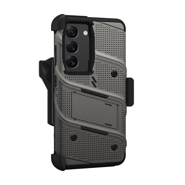 ZIZO BOLT serija - Šarvuotas Samsung Galaxy S23 dėklas su 9H stiklu ekranui + laikiklis su stovu (pilkas) 19