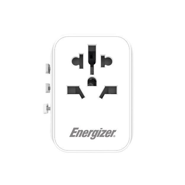 Energizer Ultimate – ES / JAV / AU / JK kelioninis adapteris + 2x USB-A ir USB-C MFi sertifikatas (baltas)