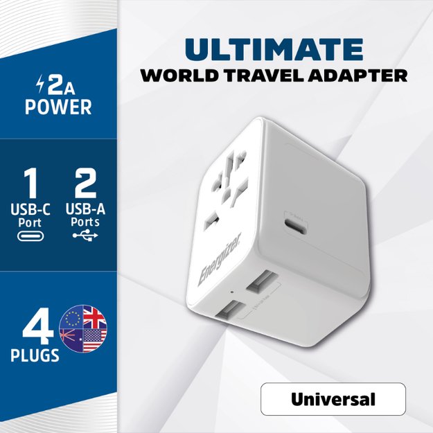 Energizer Ultimate – ES / JAV / AU / JK kelioninis adapteris + 2x USB-A ir USB-C MFi sertifikatas (baltas)