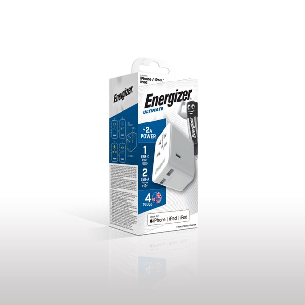 Energizer Ultimate – ES / JAV / AU / JK kelioninis adapteris + 2x USB-A ir USB-C MFi sertifikatas (baltas)