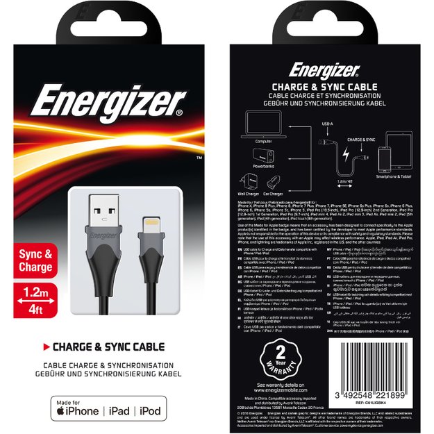 Energizer Classic – USB-A prie Lightning jungiamasis kabelis MFi sertifikuotas 1,2 m (juodas)