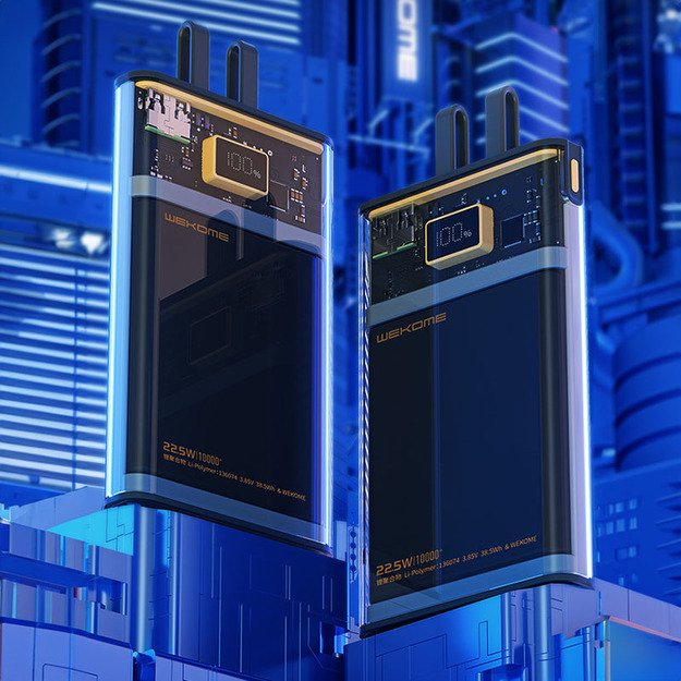 WEKOME WP-323 Vanguard serija – 10 000 mAh super įkrovimas su integruotu USB-C ir žaibo kabeliu PD 20W + QC 22.5W (juodas / skaidrus) 35