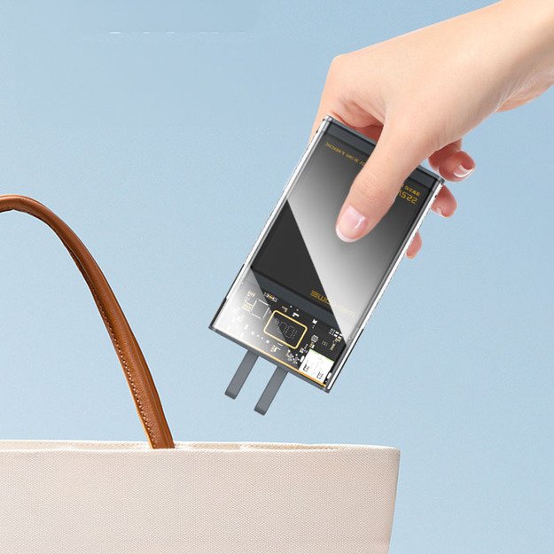 WEKOME WP-323 Vanguard serija – 10 000 mAh super įkrovimas su integruotu USB-C ir žaibo kabeliu PD 20W + QC 22.5W (juodas / skaidrus) 5