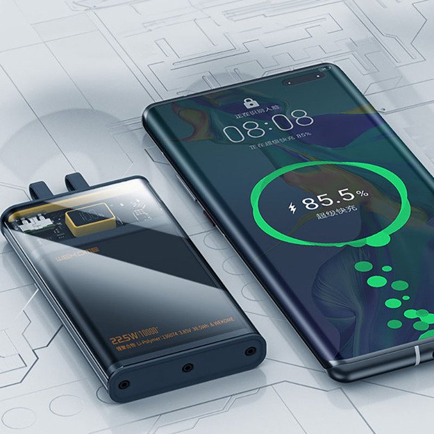 WEKOME WP-323 Vanguard serija – 10 000 mAh super įkrovimas su integruotu USB-C ir žaibo kabeliu PD 20W + QC 22.5W (juodas / skaidrus) 36