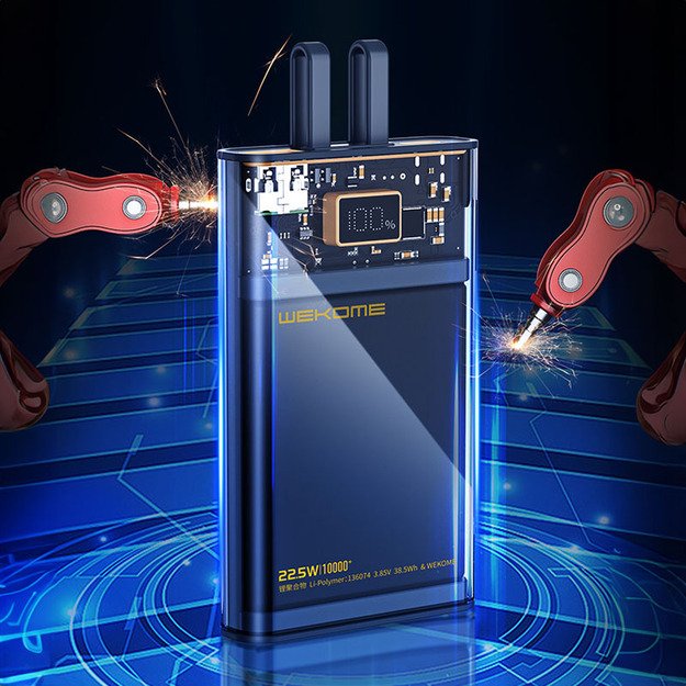 WEKOME WP-323 Vanguard serija – 10 000 mAh super įkrovimas su integruotu USB-C ir žaibo kabeliu PD 20W + QC 22.5W (juodas / skaidrus) 34