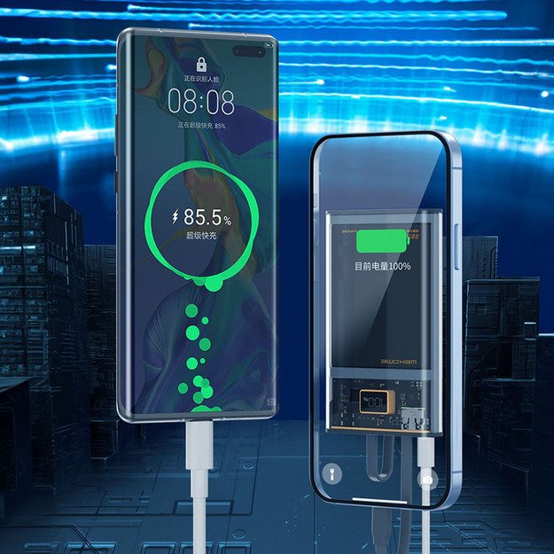 WEKOME WP-323 Vanguard serija – 10 000 mAh super įkrovimas su integruotu USB-C ir žaibo kabeliu PD 20W + QC 22.5W (juodas / skaidrus) 2