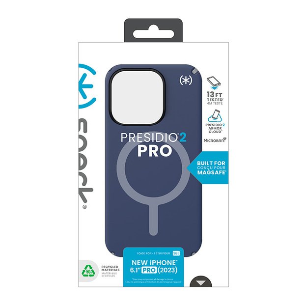 Speck Presidio2 Pro Magsafe – dėklas, skirtas iPhone 15 Pro (pakrančių mėlyna / dulkių pilka / balta) 24