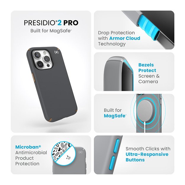 Speck Presidio2 Pro Magsafe – iPhone 15 Pro dėklas (anglies pilkas / šalta bronzinė / balta)