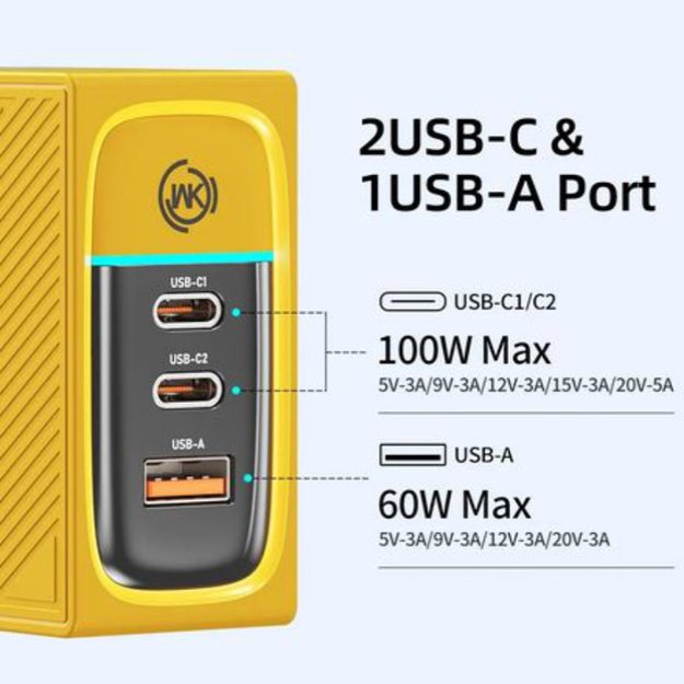 WEKOME WP-U155 atspalvių serija – 2x USB-C ir USB-A itin greitas įkroviklis GaN 100 W (geltonas)