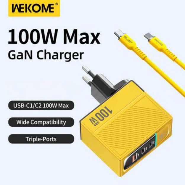 WEKOME WP-U155 atspalvių serija – 2x USB-C ir USB-A itin greitas įkroviklis GaN 100 W (geltonas)