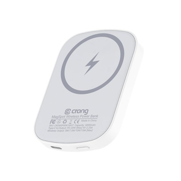 Crong MagSpot Power Bank – belaidis itin plonas maitinimo blokas su MagSafe 5000mAh, USB-C 20W PD (balta) 12
