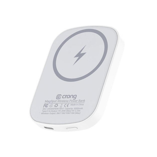 Crong MagSpot Power Bank – belaidis itin plonas maitinimo blokas su MagSafe 5000mAh, USB-C 20W PD (balta)