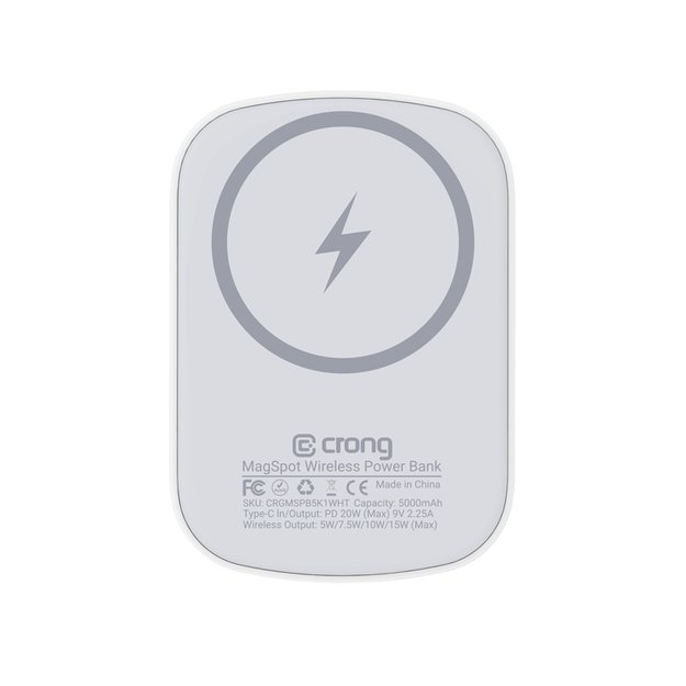 Crong MagSpot Power Bank – belaidis itin plonas maitinimo blokas su MagSafe 5000mAh, USB-C 20W PD (balta)