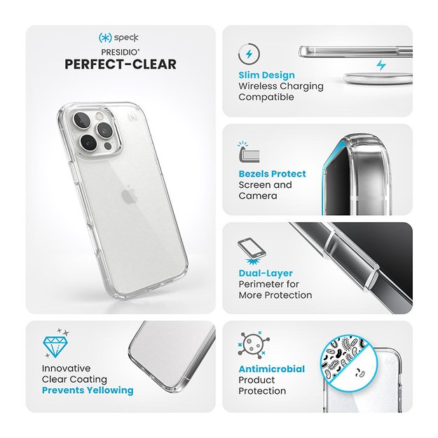 Speck Presidio Perfect-Clear – dėklas, skirtas iPhone 16 Pro Max (skaidrus)