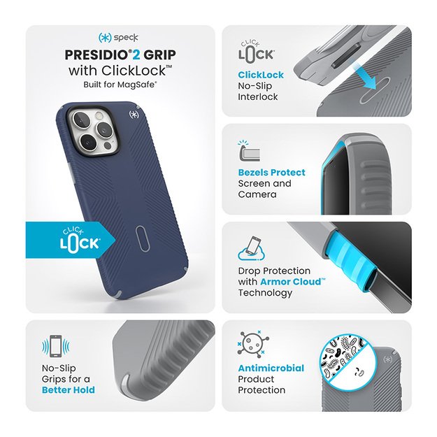 Speck Presidio2 Grip ClickLock & MagSafe – dėklas, skirtas iPhone 16 Pro Max (pakrantės mėlyna / dulkių pilka / balta)