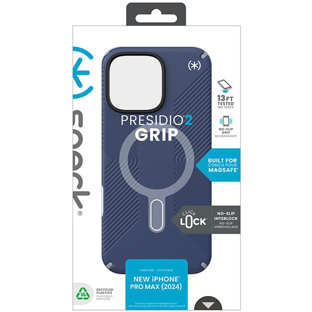 Speck Presidio2 Grip ClickLock & MagSafe – dėklas, skirtas iPhone 16 Pro Max (pakrantės mėlyna / dulkių pilka / balta)