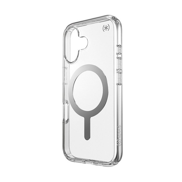 Speck Presidio Perfect-Clear MagSafe – dėklas, skirtas iPhone 16 (skaidrus / chromo apdaila / ramus sidabras)