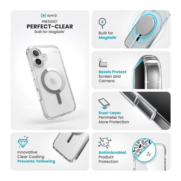 Speck Presidio Perfect-Clear MagSafe – dėklas, skirtas iPhone 16 (skaidrus / chromo apdaila / ramus sidabras)