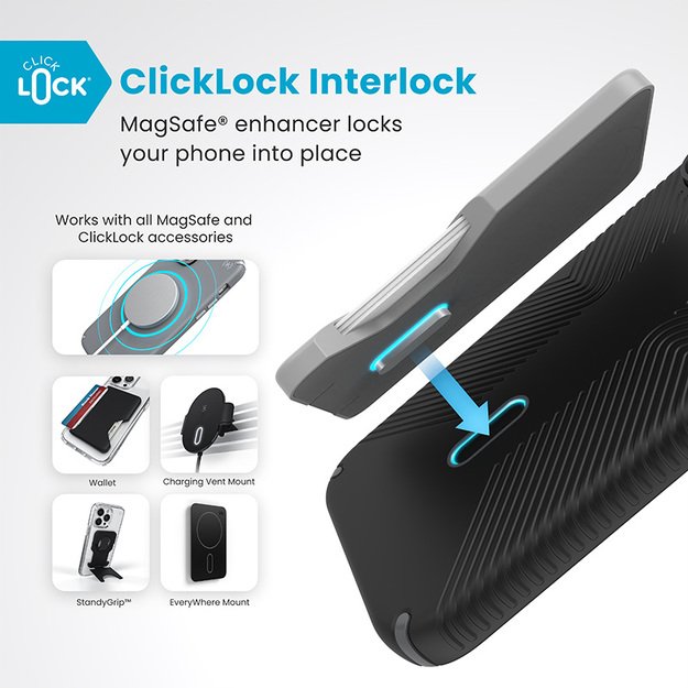 Speck Presidio2 Grip ClickLock & MagSafe – dėklas, skirtas iPhone 16 Pro Max (juodas / pilkos spalvos / baltas)