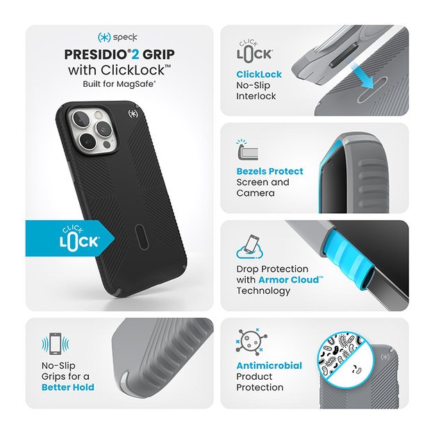 Speck Presidio2 Grip ClickLock & MagSafe – dėklas, skirtas iPhone 16 Pro Max (juodas / pilkos spalvos / baltas)