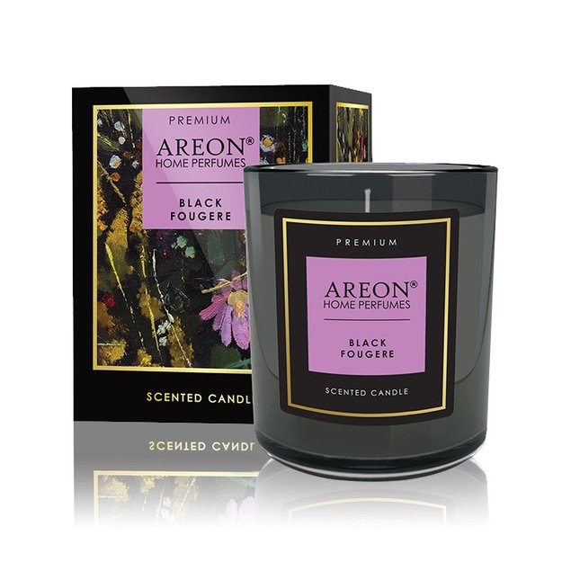 Aromatinė žvakė BLACK FOUGERE su kortele palinkėjimui įra&scaron;yti ir degtukais (~40 h), 200g │ AREON  