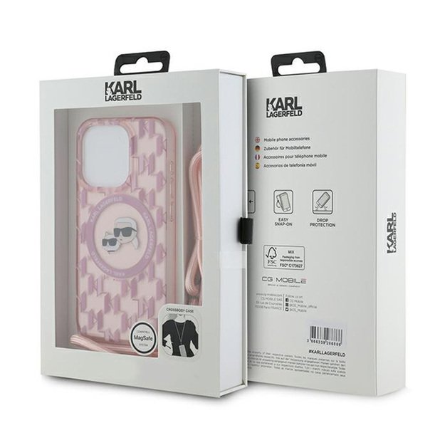 Karl Lagerfeld IML Crossbody Monogram Karl & Choupette Head MagSafe – dėklas, skirtas iPhone 15 Pro (rožinis) 7