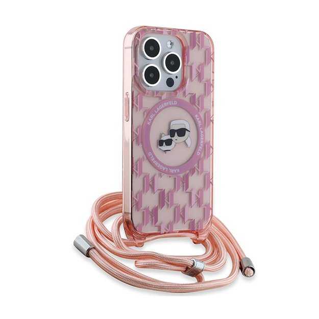 Karl Lagerfeld IML Crossbody Monogram Karl & Choupette Head MagSafe – dėklas, skirtas iPhone 15 Pro (rožinis) 5