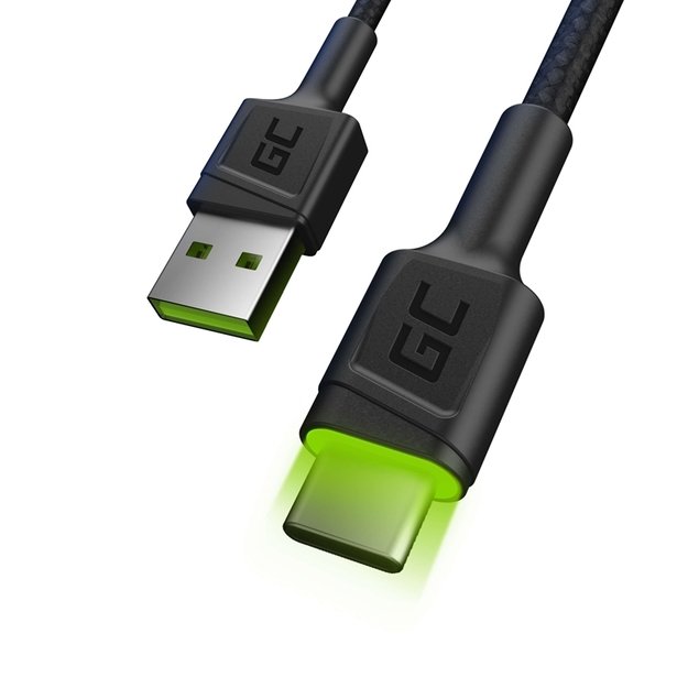 Kabelis Green Cell Ray USB kabelis – USB-C 120cm su žaliu LED foniniu apšvietimu ir greito įkrovimo palaikymu Ultra Charge, QC 3.0