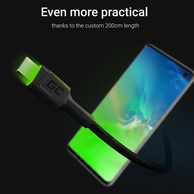 Kabelis Green Cell Ray USB-A – USB-C Green LED 200cm su Ultra Charge QC3.0 greito įkrovimo palaikymu 