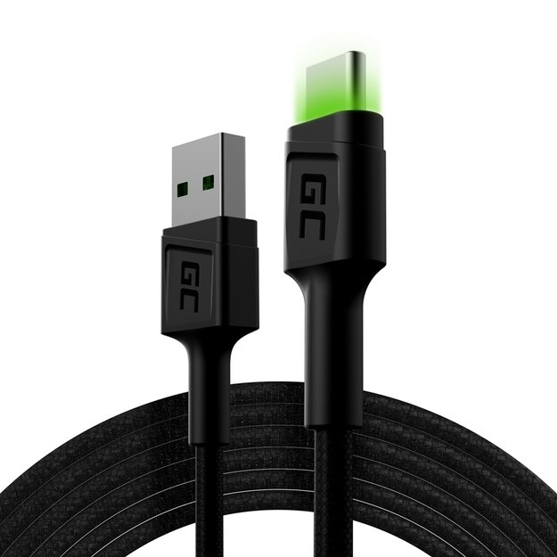 Kabelis Green Cell Ray USB-A – USB-C Green LED 200cm su Ultra Charge QC3.0 greito įkrovimo palaikymu 