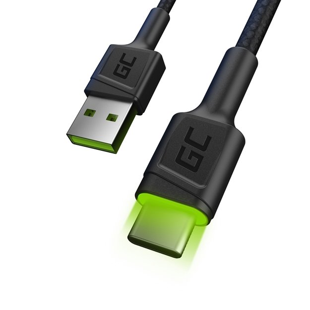 Kabelis Green Cell Ray USB-A – USB-C Green LED 200cm su Ultra Charge QC3.0 greito įkrovimo palaikymu 