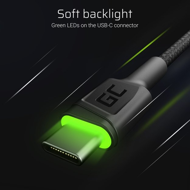 Kabelis Green Cell Ray USB-A – USB-C Green LED 200cm su Ultra Charge QC3.0 greito įkrovimo palaikymu 